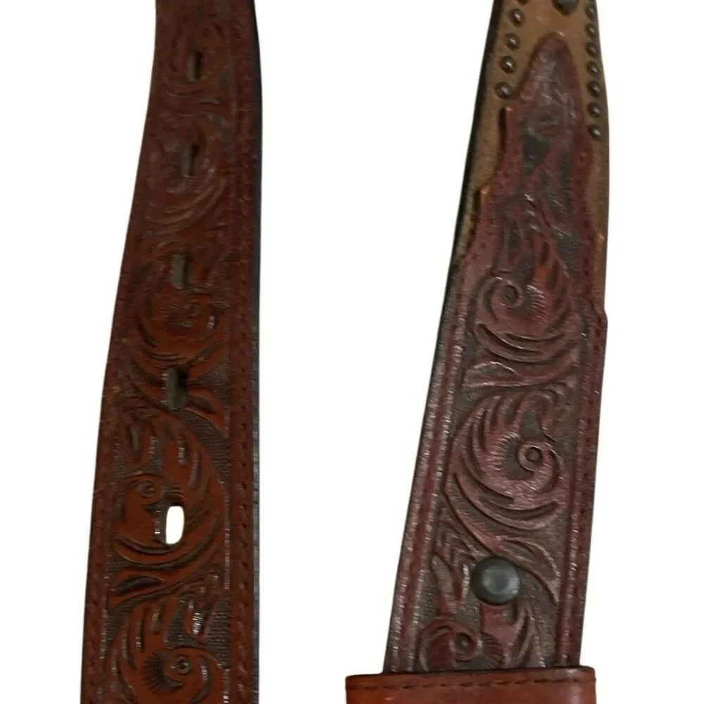 3D Belt Vintage Kids Leather Hand Tooled/Studded Copper Buckle Belt